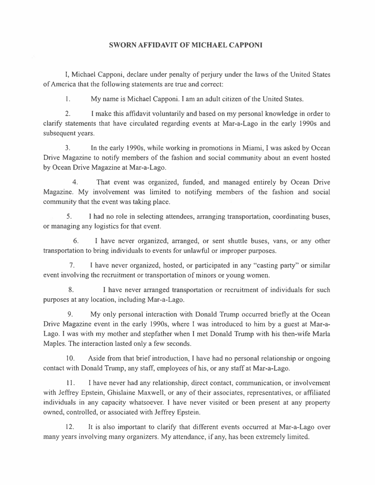 Sworn Affidavit of Michael Capponi — Page 1