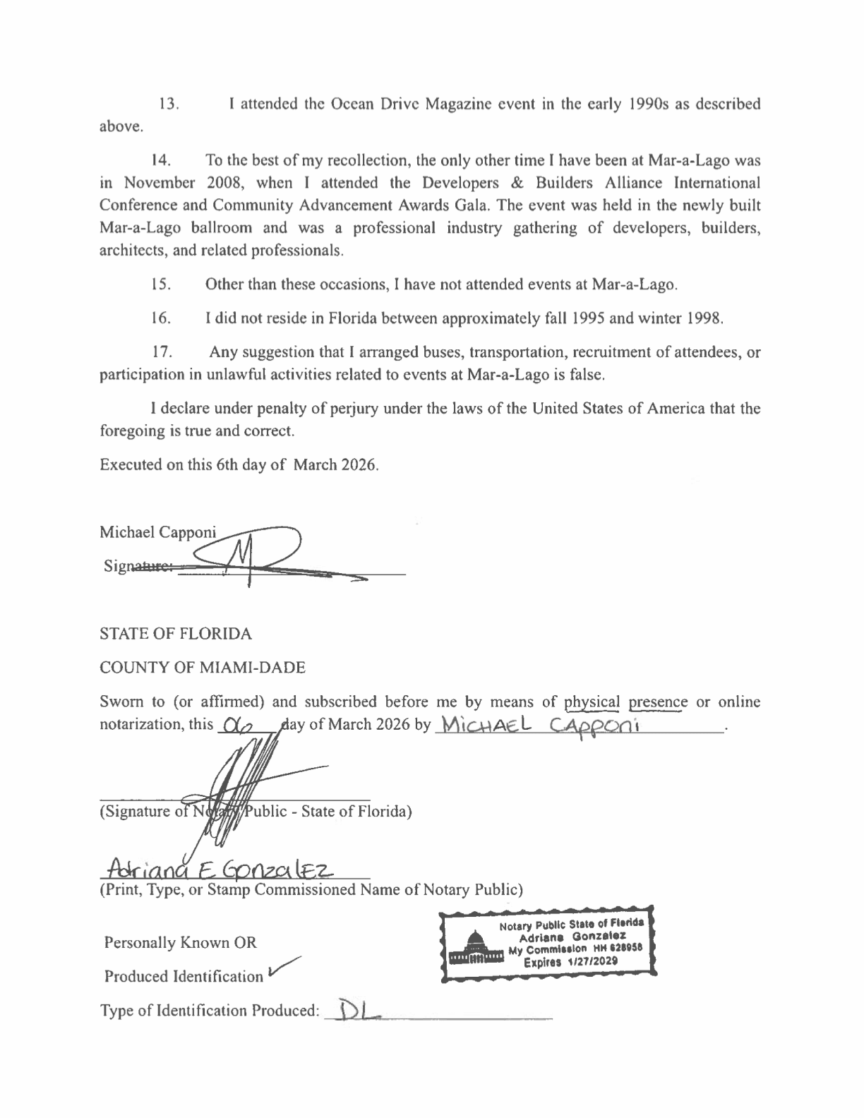 Sworn Affidavit of Michael Capponi — Page 2